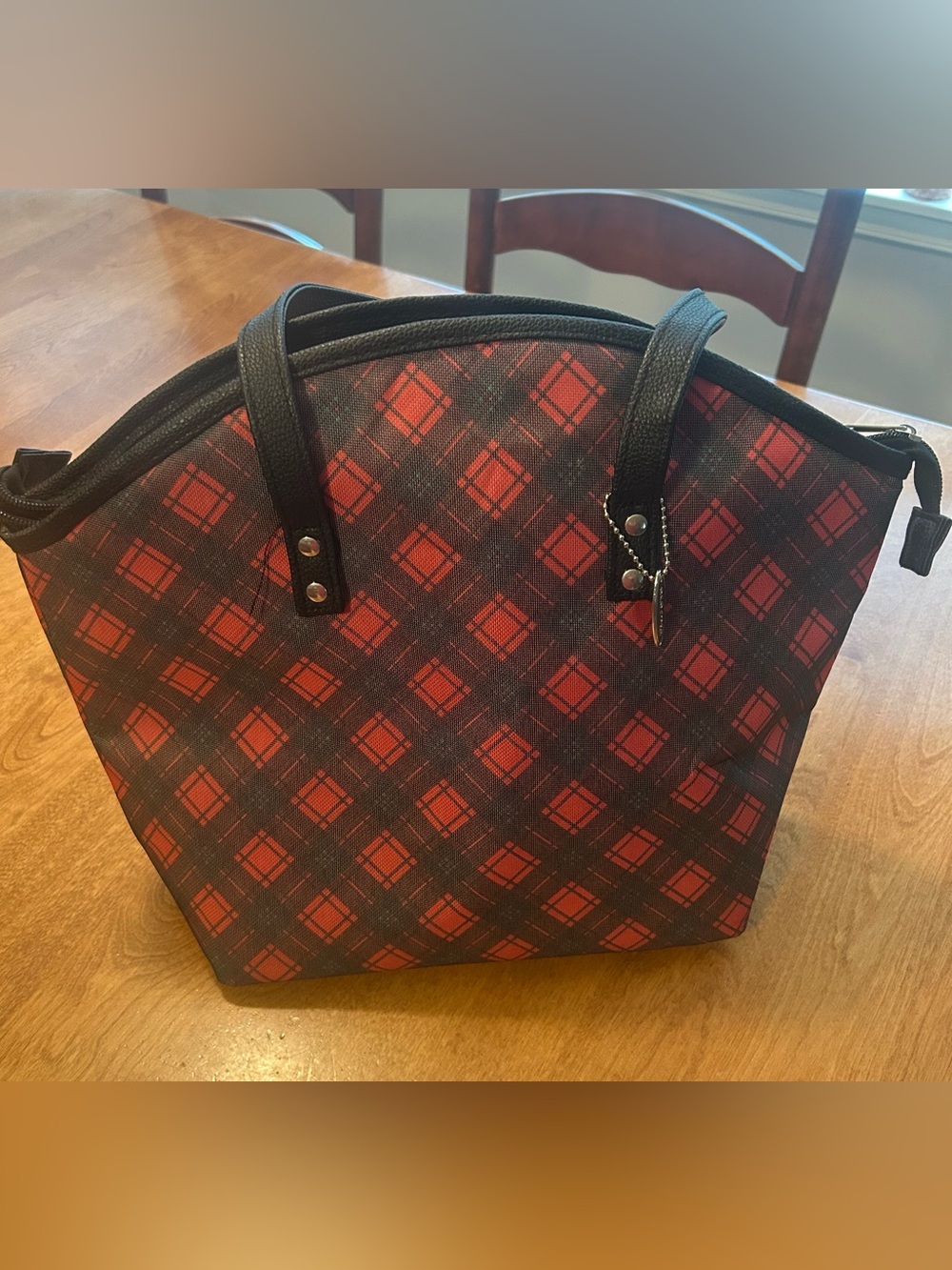 Red Plaid Tote Lunch Bag with Black Trim